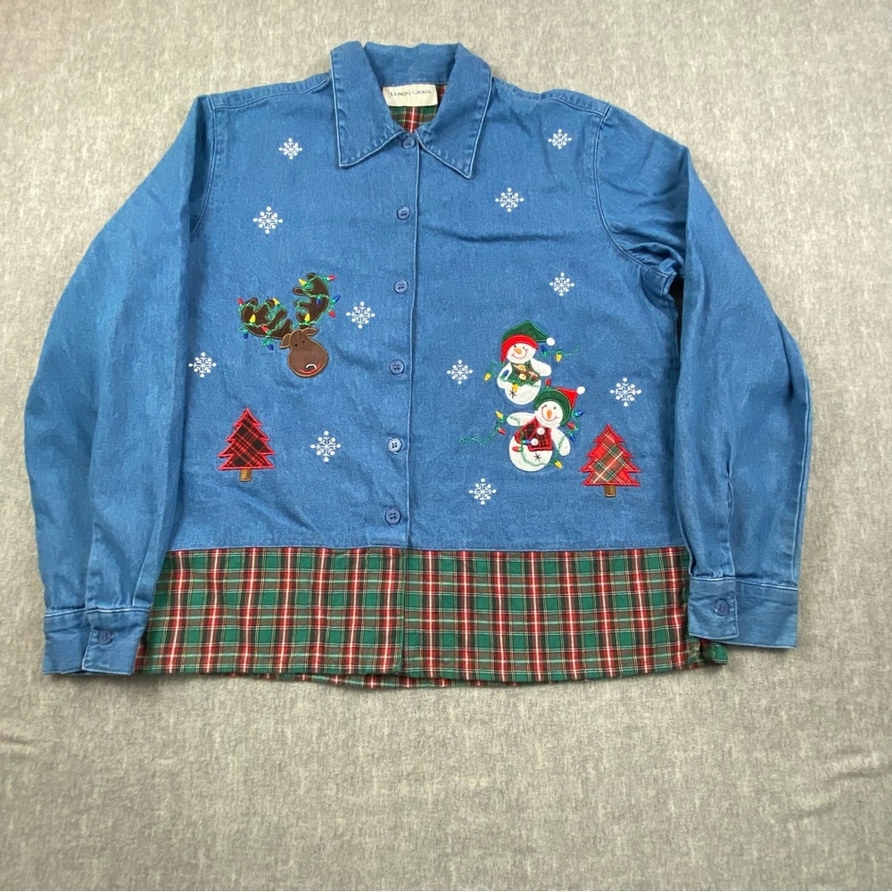 Lemon Grass Women's‎ Blue Jean Button Up Long Sleeve Christmas Theme Blouse  S